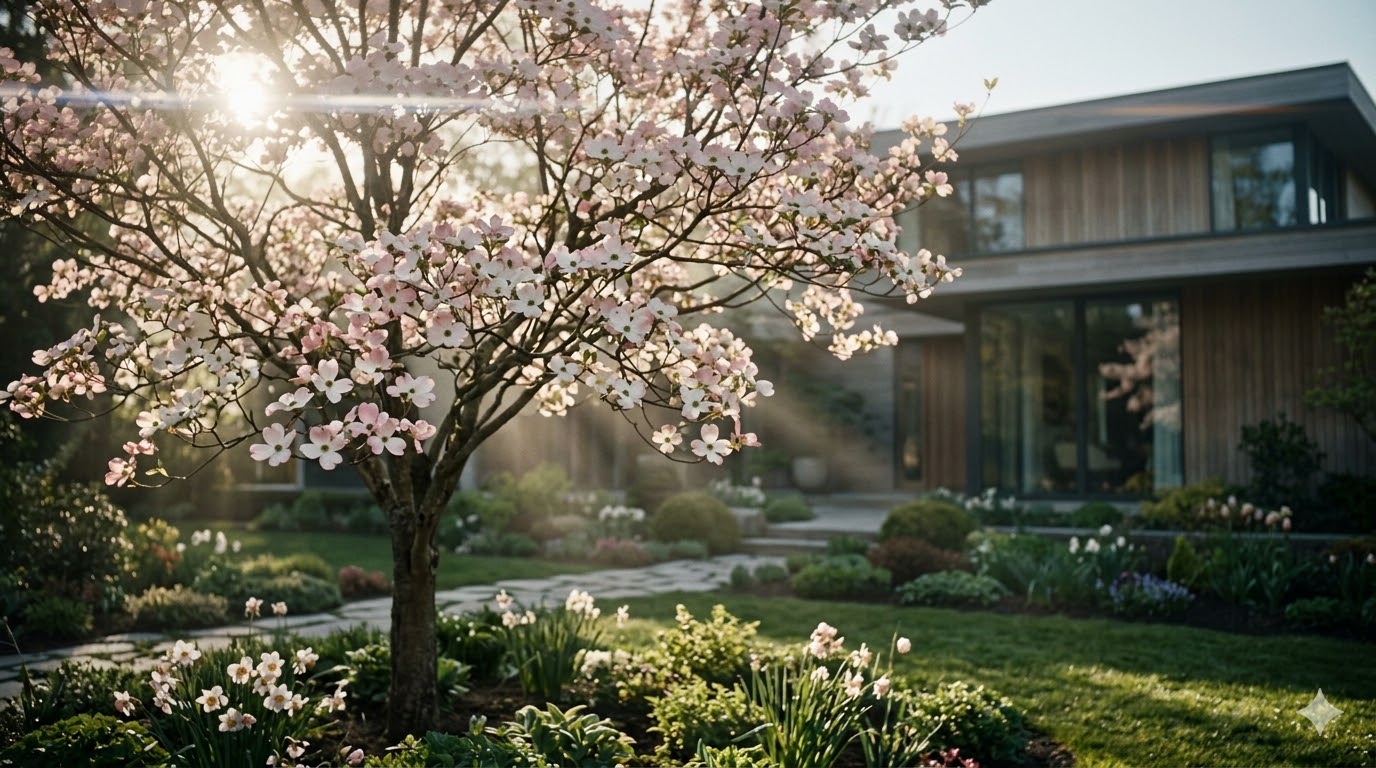 柔らかな春の陽差しの中、美しく咲き誇るピンクと白のハナミズキの庭木。風水や縁起の良さを感じさせる気品ある風景。