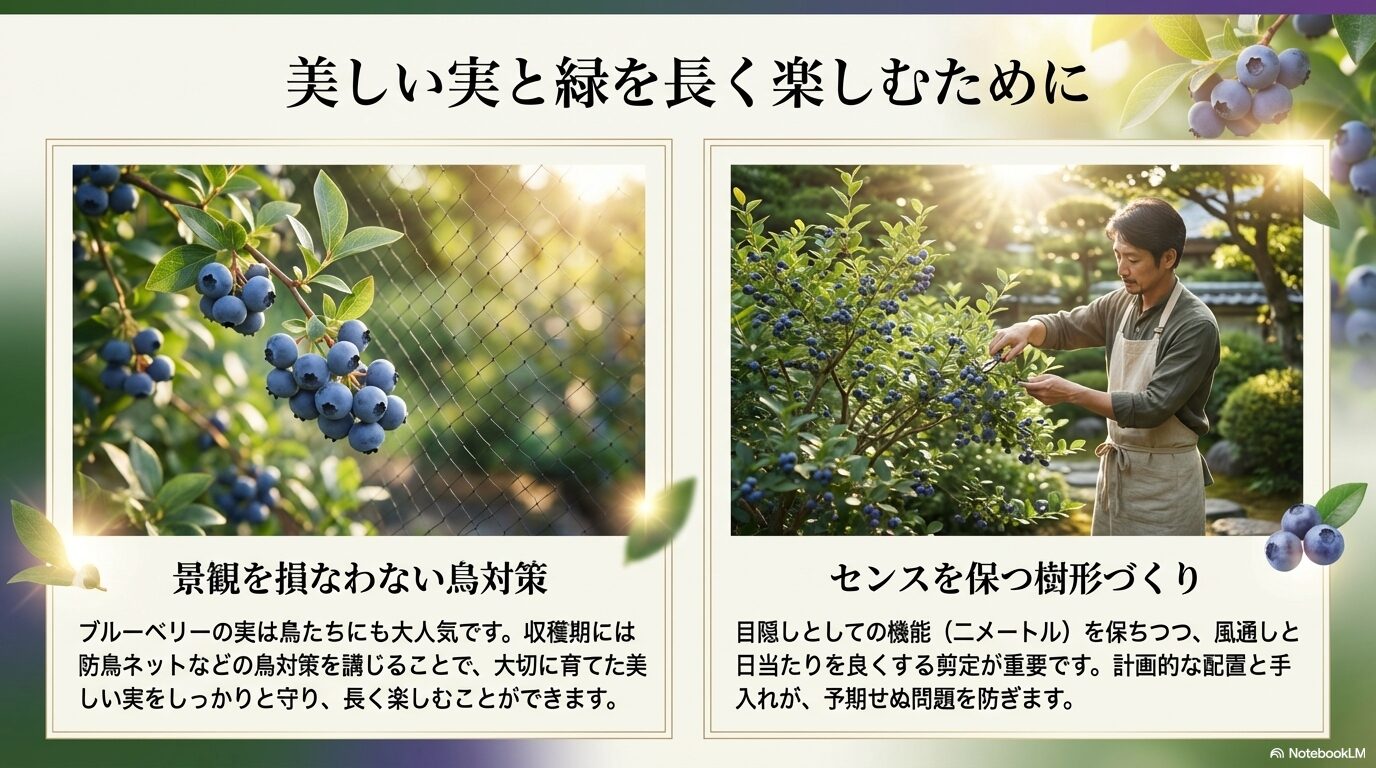 ブルーベリーの景観を損なわない防鳥ネット対策と風通しを良くする剪定作業