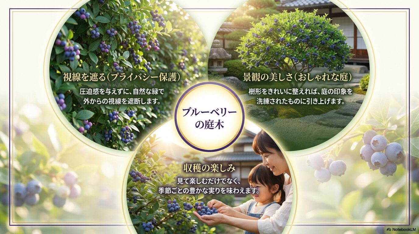 プライバシー保護、おしゃれな景観、収穫の楽しみを示すブルーベリーの庭木の魅力