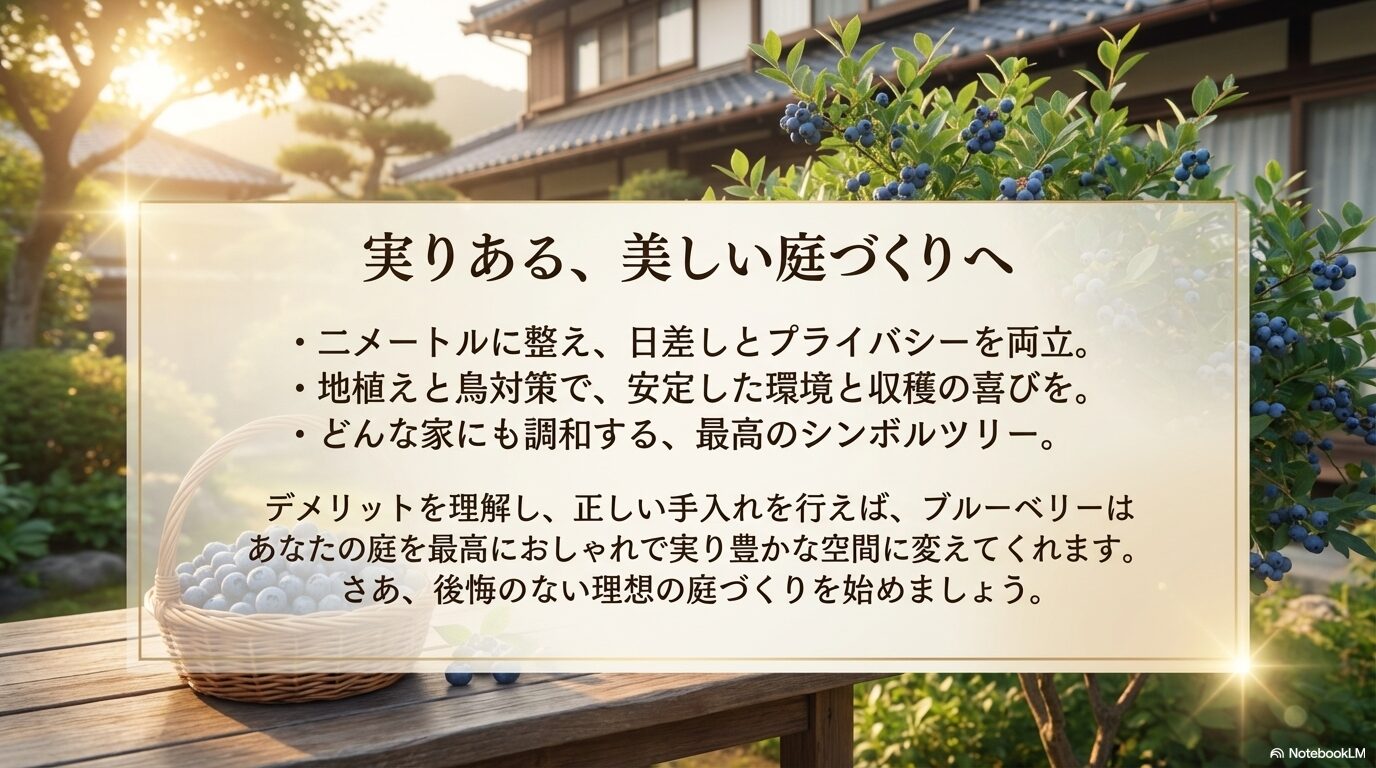 2メートルの目隠し、地植え、鳥対策などをまとめた理想のブルーベリーの庭づくり