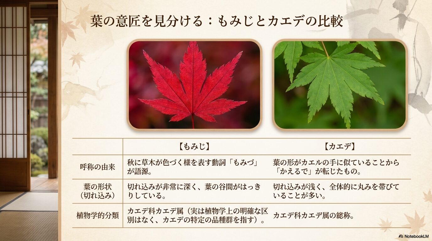 葉の意匠で見分けるもみじとカエデの形状や由来、植物学的分類の比較表スライド