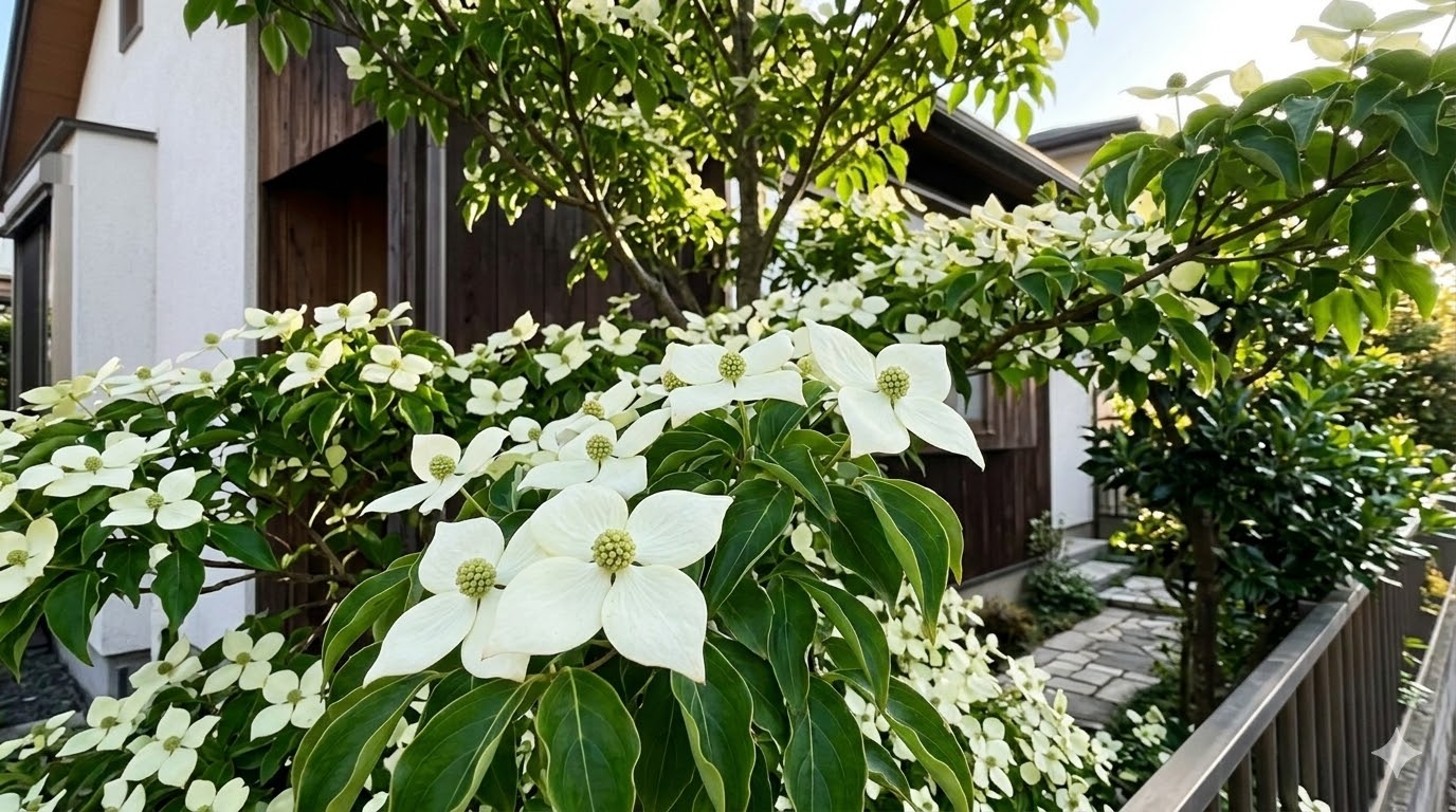 庭で満開の白い花（総苞片）を咲かせる常緑ヤマボウシ。中心にある未熟な緑色の花序（将来の実）の特徴を忠実に再現し、密に茂る葉が住宅を自然に目隠ししている様子。