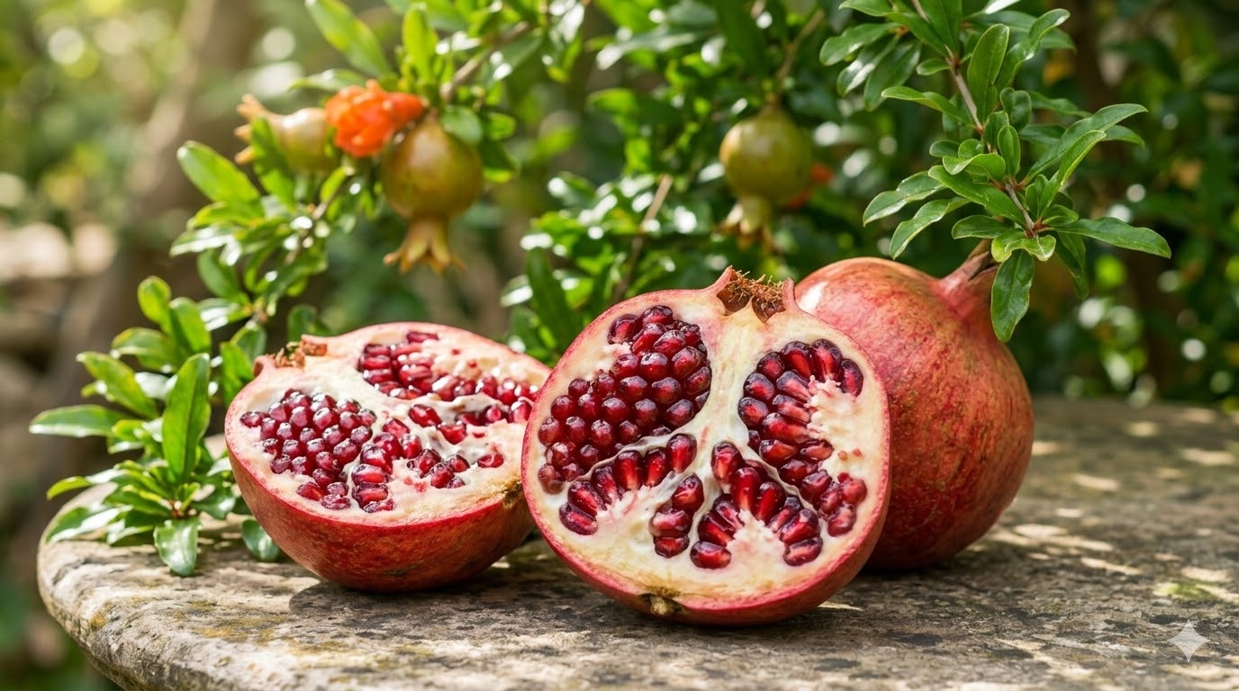 半分に割られた新鮮なザクロ。ルビーのように赤く透き通ったみずみずしい粒がぎっしりと詰まっている様子。