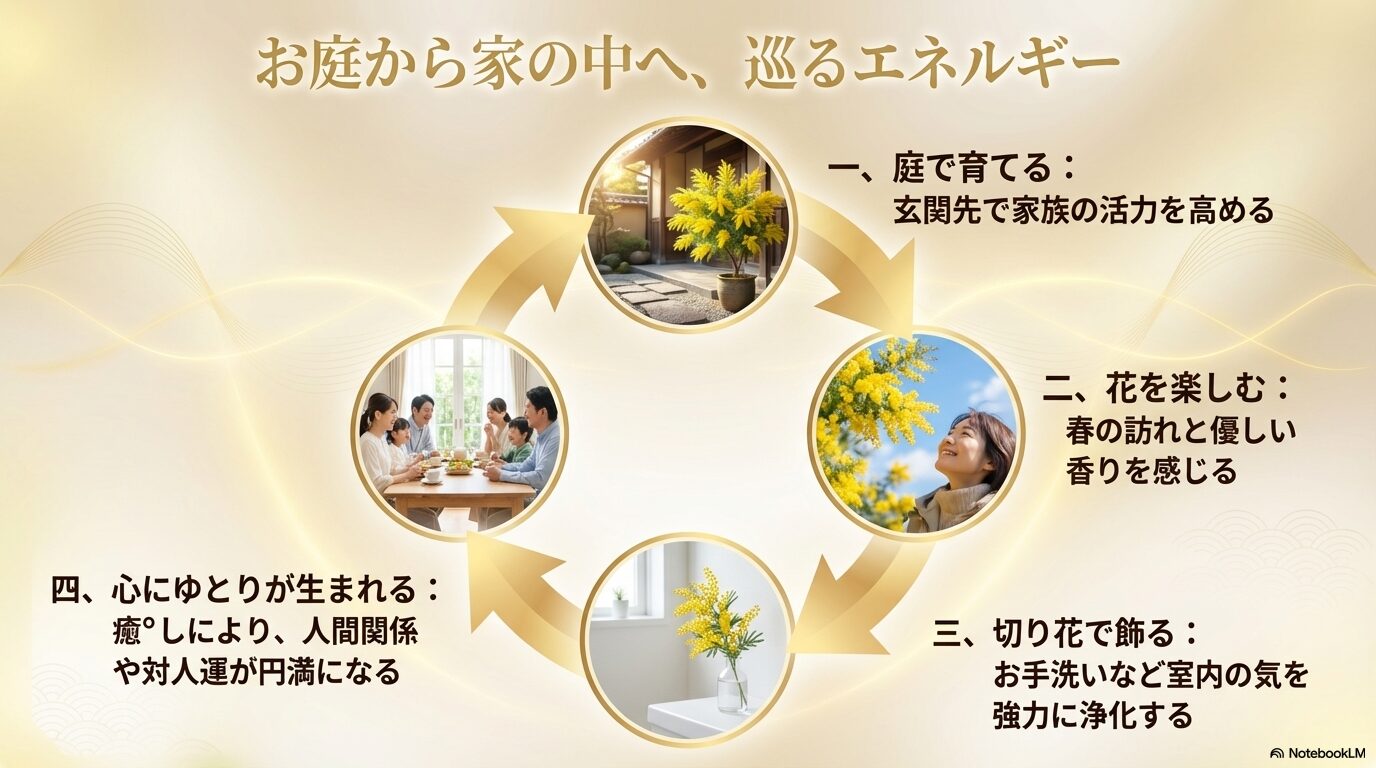 お庭から家の中へ巡るミモザのエネルギーサイクル