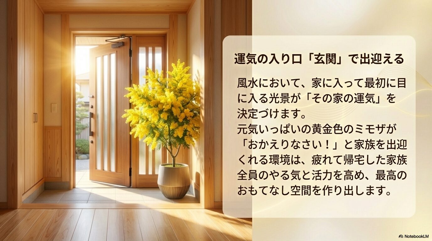運気の入り口である玄関で家族を出迎えるミモザの風水