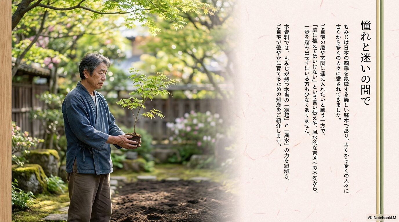 もみじを庭に植える際の言い伝えや風水的な吉凶への不安について触れた導入スライド