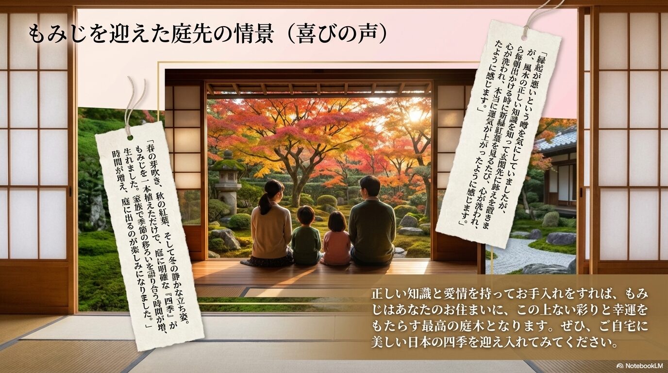 もみじを庭に植えたことによる四季の楽しみや風水的な安心感に関する喜びの声のスライド