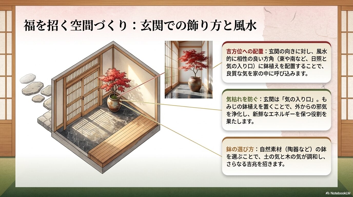 もみじの鉢植えを玄関に飾る際の吉方位への配置や気の浄化、鉢の選び方についての解説スライド