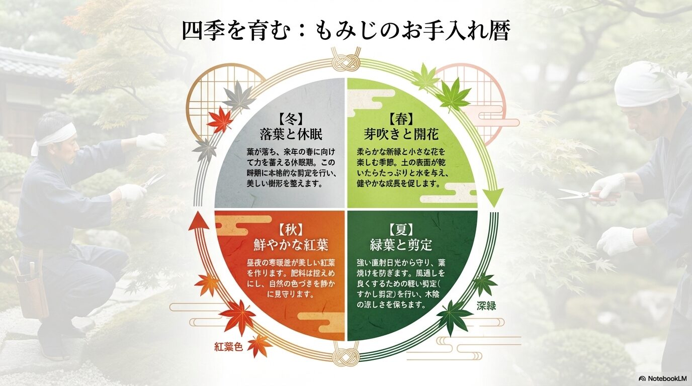 春の芽吹きから冬の休眠まで、もみじの四季ごとのお手入れ暦を解説したスライド