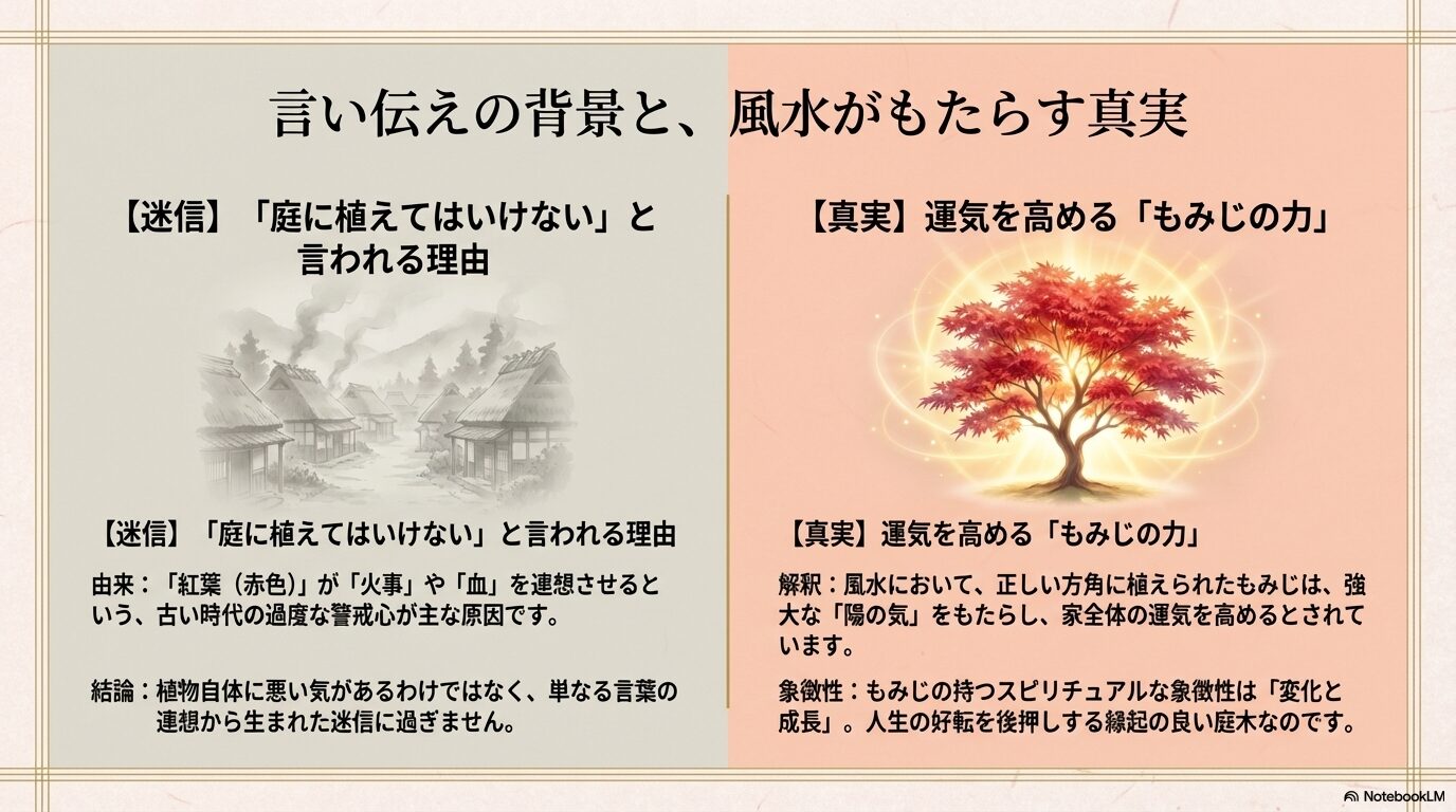 もみじを庭に植えてはいけないという迷信の背景と、風水がもたらす運気アップの真実についての解説スライド
