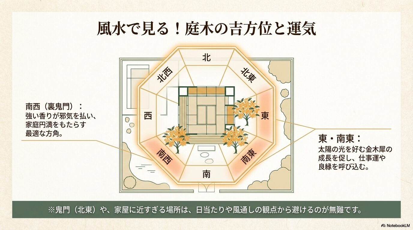 風水で見る金木犀の庭木の吉方位と運気を表したマップ