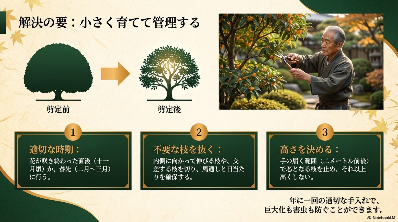 キンモクセイを小さく育てて管理するための剪定のポイント