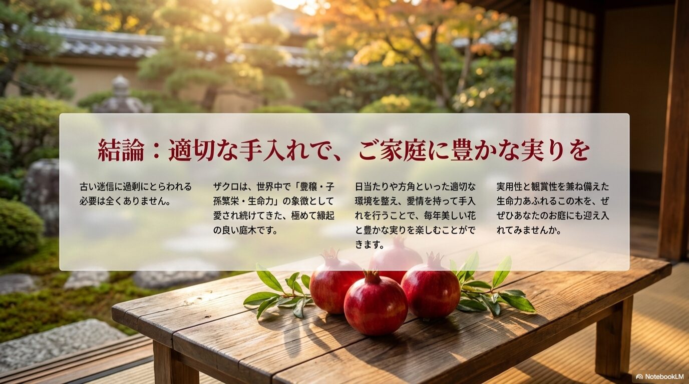 古い迷信にとらわれず、適切な手入れで豊穣や生命力の象徴であるザクロを楽しむことを推奨する結論スライド