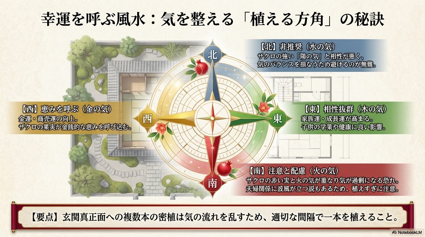 東は相性抜群、西は恵みを呼ぶ、南は注意が必要、北は非推奨といった、ザクロを植える方角ごとの風水的な意味の図解