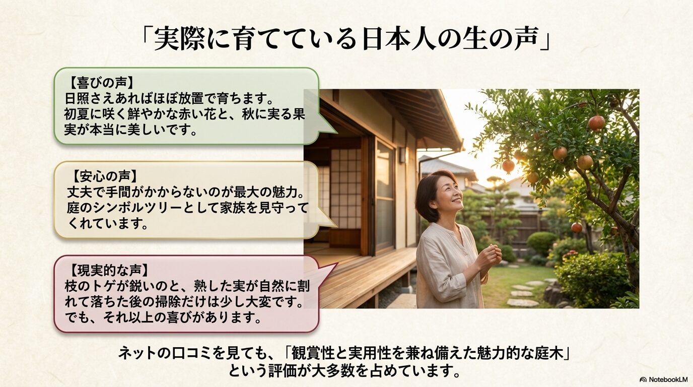 放置で育つ、花や実が美しいといった喜びの声や、トゲや掃除が大変といった現実的な口コミをまとめたスライド