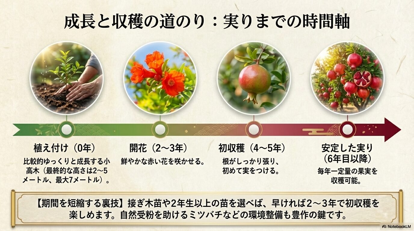 植え付けから開花まで2〜3年、初収穫まで4〜5年、6年目以降に安定した実りとなるザクロの成長過程を示したタイムライン