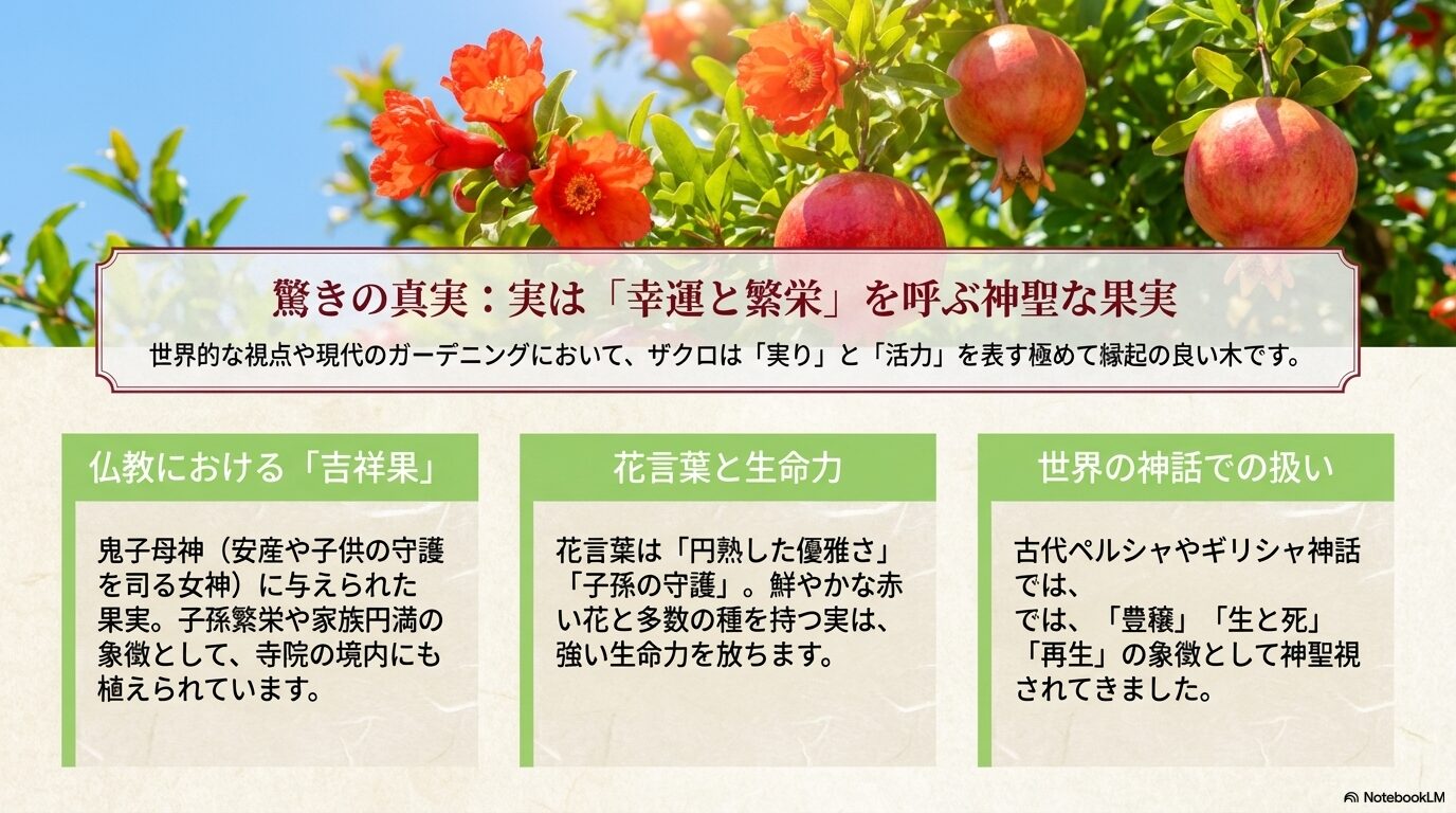 仏教の吉祥果、花言葉の生命力、世界の神話での豊穣の象徴など、ザクロが持つ幸運と繁栄の意味を解説したスライド
