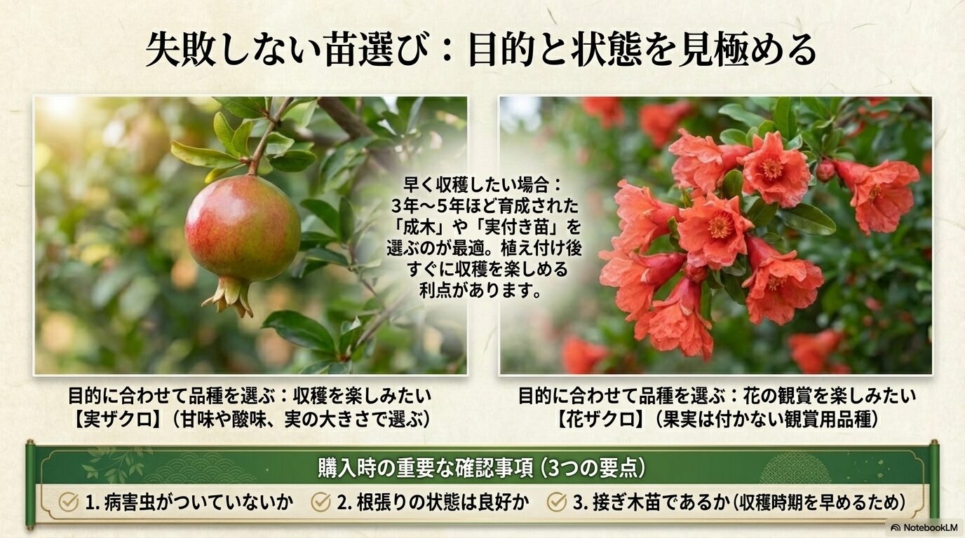 早く収穫したい場合の成木の選び方、実ザクロや花ザクロなどの目的別の品種選び、購入時の3つの確認事項をまとめた図解
