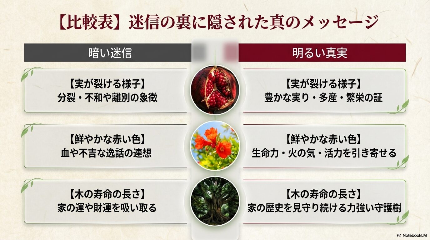 ザクロの実が裂ける様子、赤い色、寿命の長さについて、暗い迷信と明るい真実の解釈を対比させた比較表