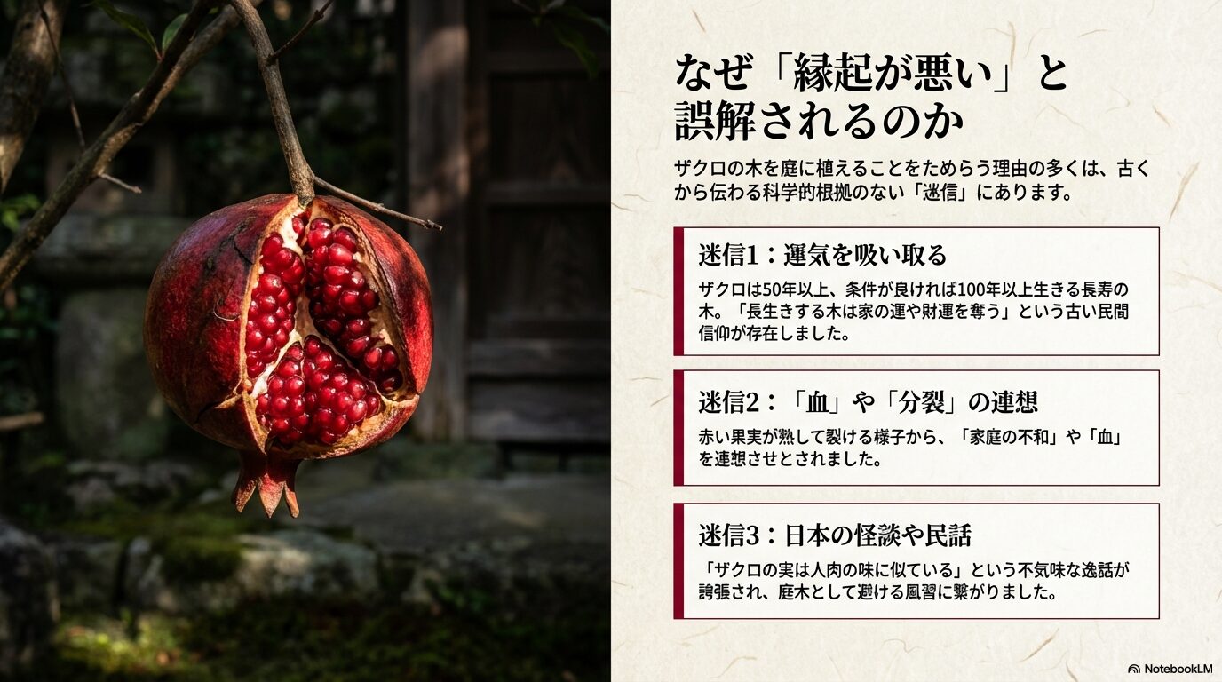 運気を吸い取る、血や分裂の連想、不気味な民話など、ザクロが縁起が悪いと誤解される理由を解説した図解