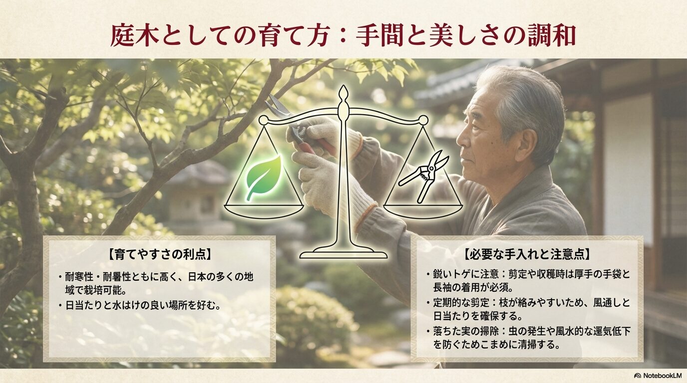耐寒性や耐暑性などの育てやすさと、鋭いトゲへの注意、定期的な剪定、落ちた実の掃除といった手入れの要点スライド