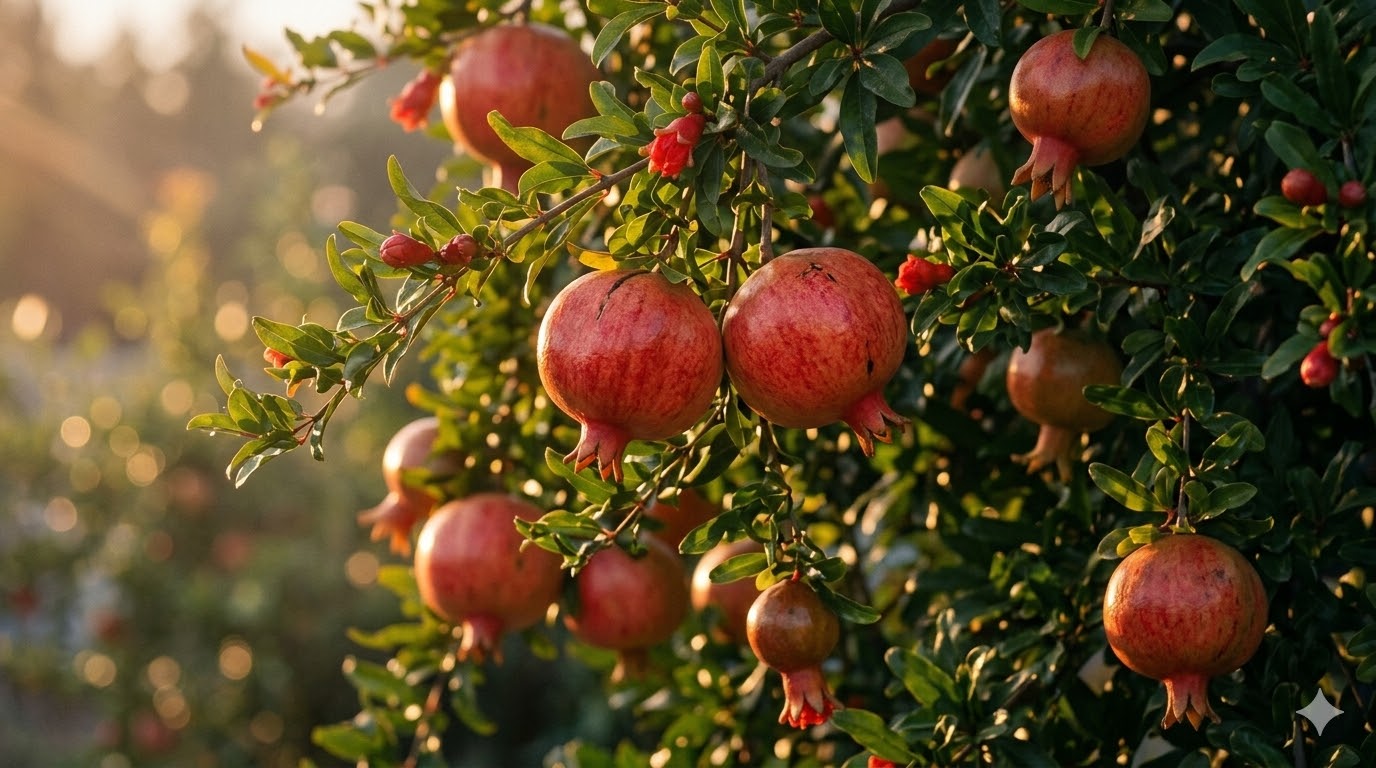 朝日に照らされて赤く色づいた大きな実をたくさんつけたザクロの庭木