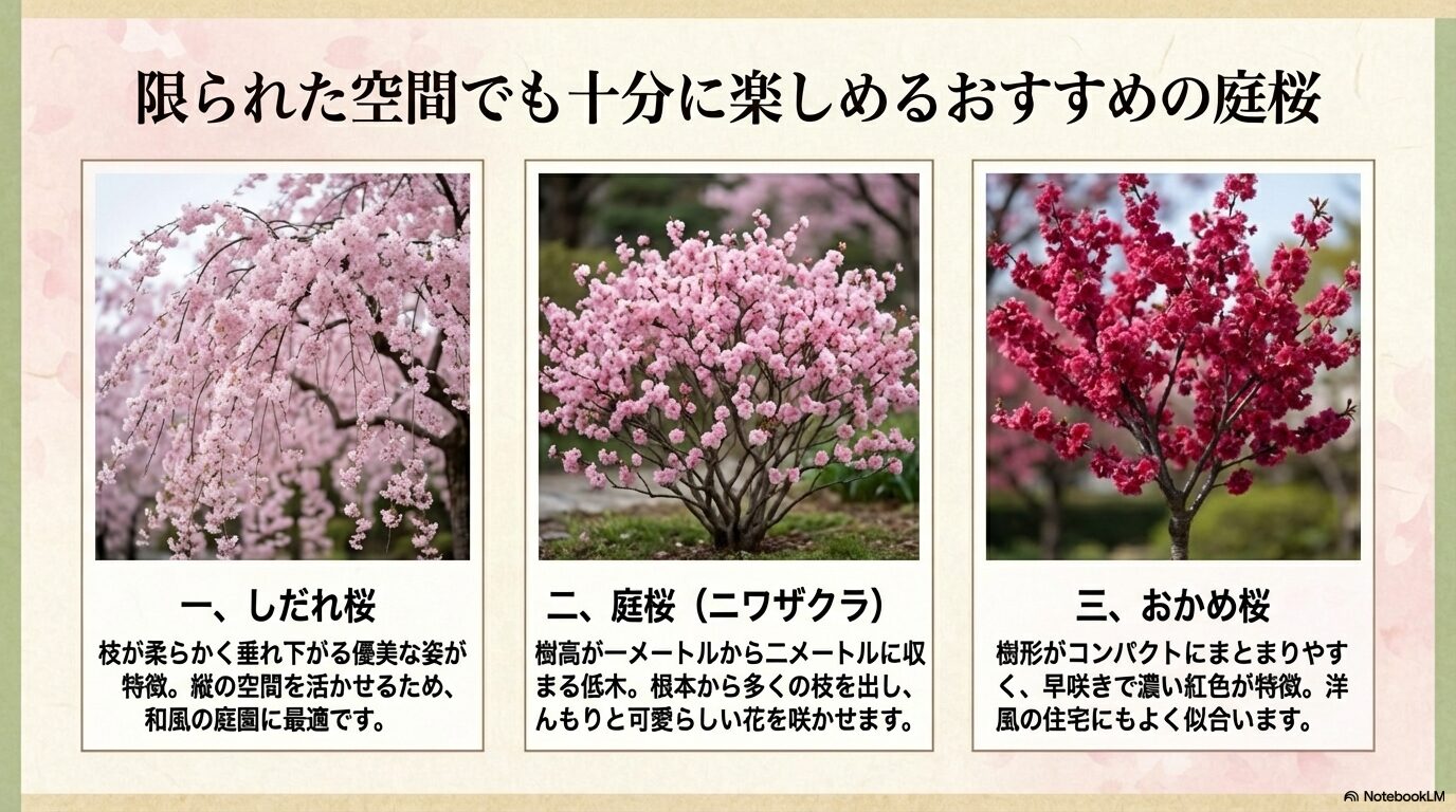 しだれ桜、庭桜（ニワザクラ）、おかめ桜など、限られたスペースでも楽しめるおすすめの小型品種の写真と特徴