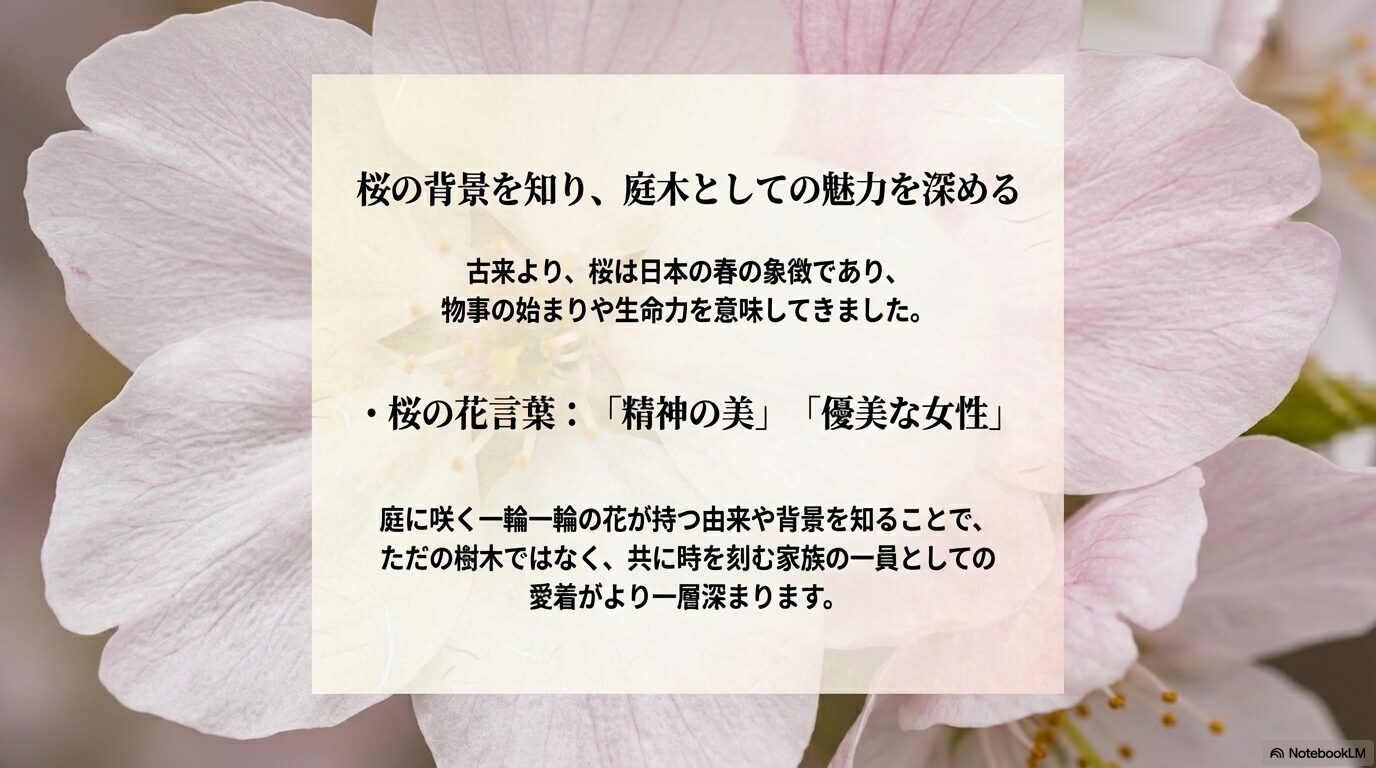 桜の花言葉である「精神の美」「優美な女性」と、古来からの日本の春の象徴としての意味を解説したスライド