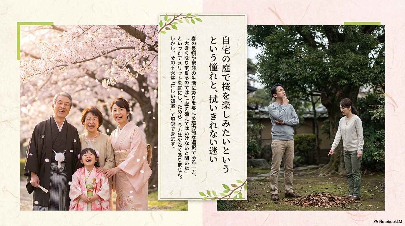 桜を庭に植える際によくある「大きくなりすぎる」「植えてはいけない」といった不安やデメリットに関する解説スライド