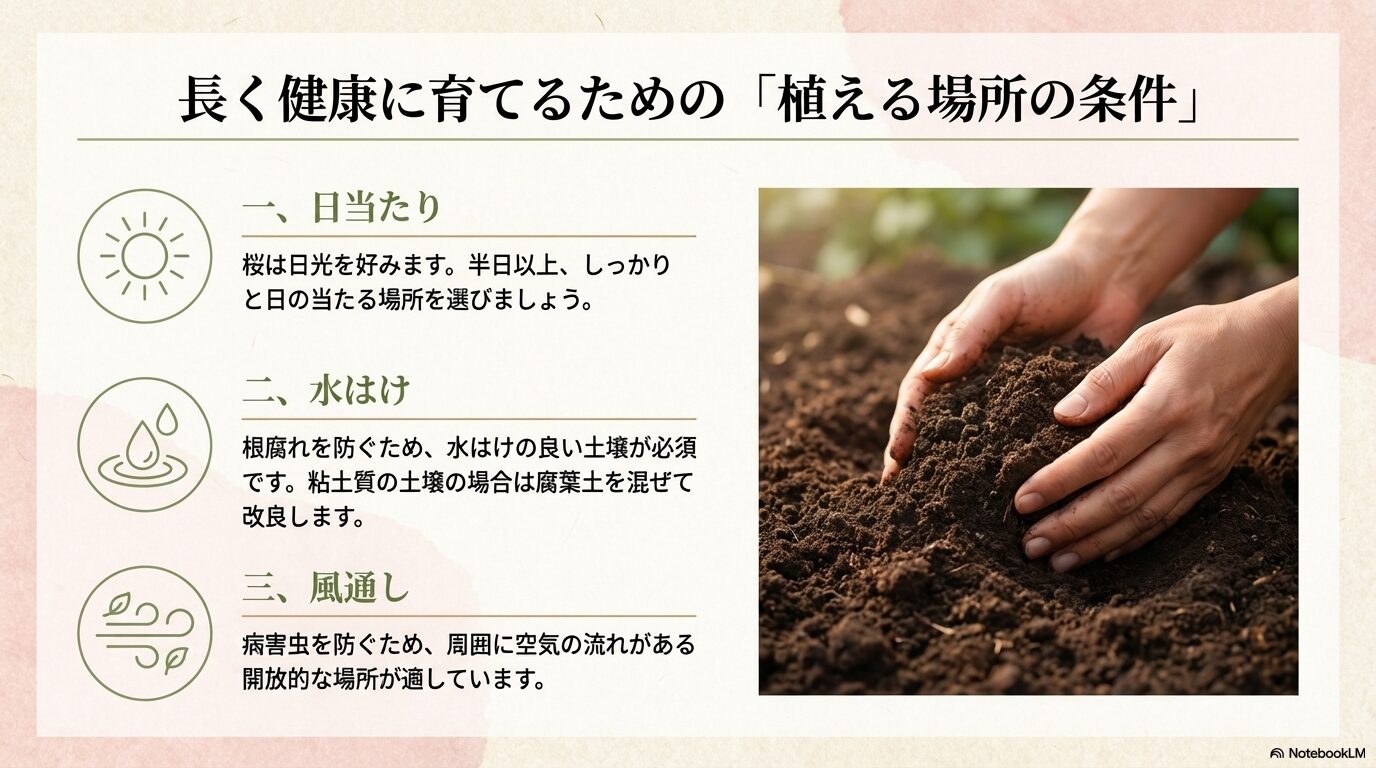 桜を長く健康に育てるために必要な「日当たり」「水はけ」「風通し」の3つの条件を示したアイコンスライド