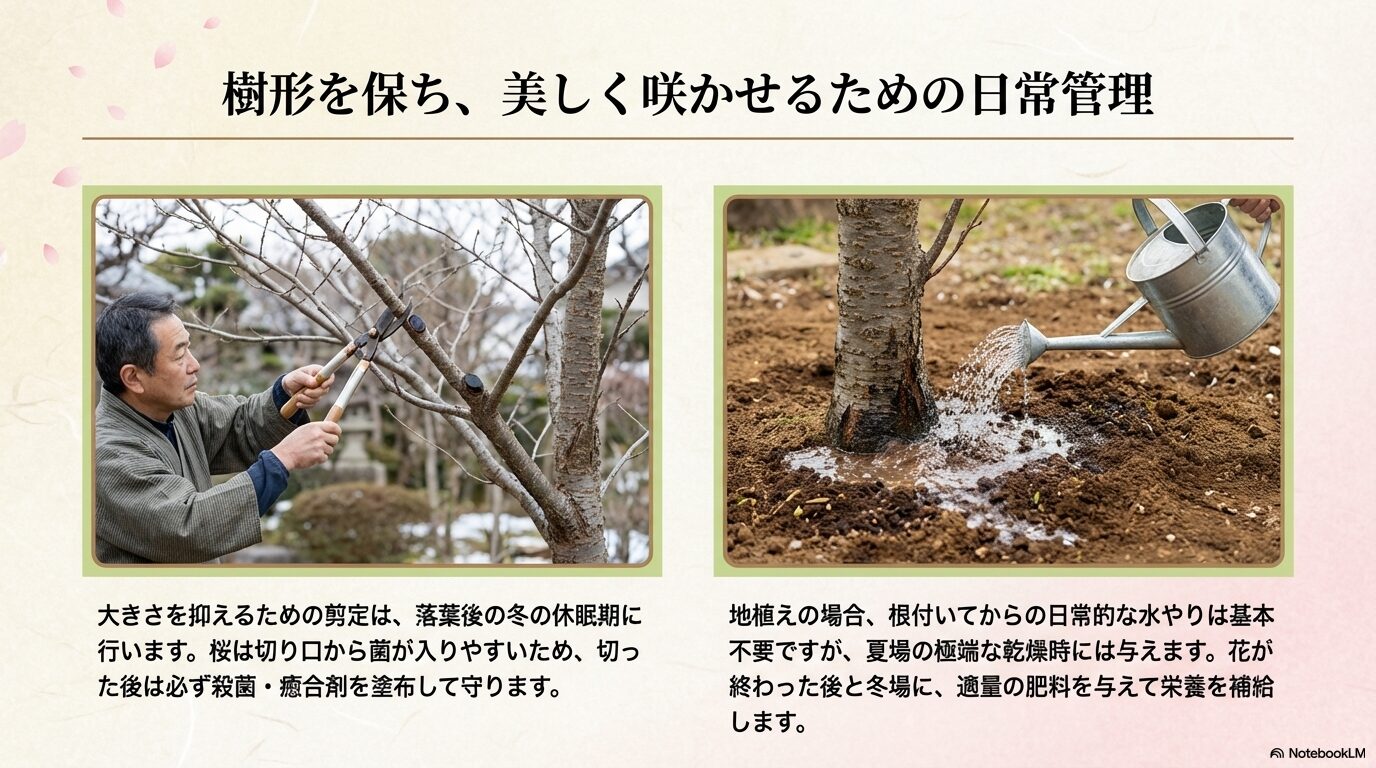 桜の大きさを抑えるための冬の剪定や癒合剤の塗布、日常的な水やりと肥料の与え方を解説したスライド