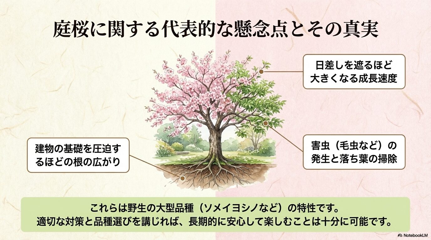 庭桜の成長速度、根の広がり、害虫などの代表的な懸念点と、それらが野生の大型品種の特性であることを説明するスライド