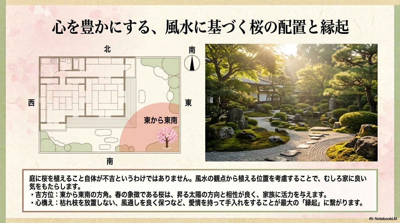 庭に桜を植える際の風水的な吉方位である東から東南の方角を示した間取り図と、縁起の良い配置の解説スライド