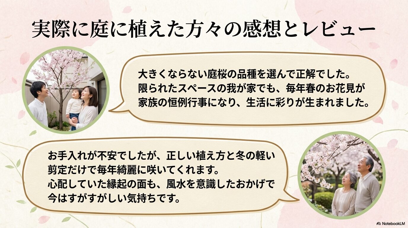 実際に大きくならない桜の品種を庭に植えて楽しんでいる方々の感想や、手入れに関するレビューをまとめたスライド