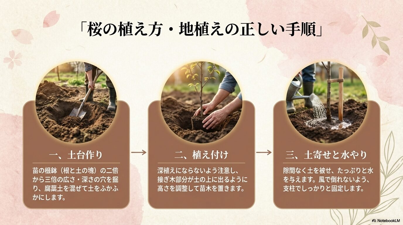 桜の苗木を地植えする際の土台作り、植え付け、土寄せと水やりの3つの手順を写真付きで解説したスライド