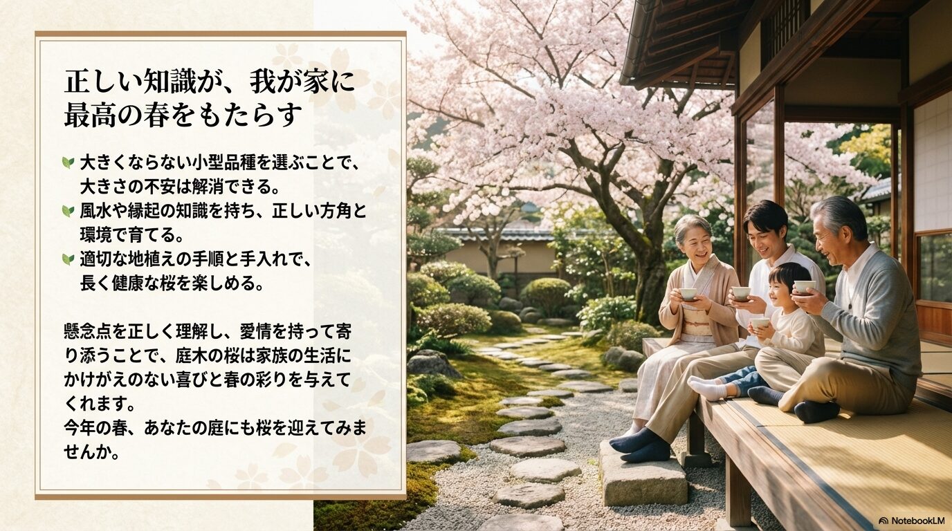 桜の小型品種の選び方、風水、地植えの手順など、庭に桜を迎えて楽しむための正しい知識のまとめスライド