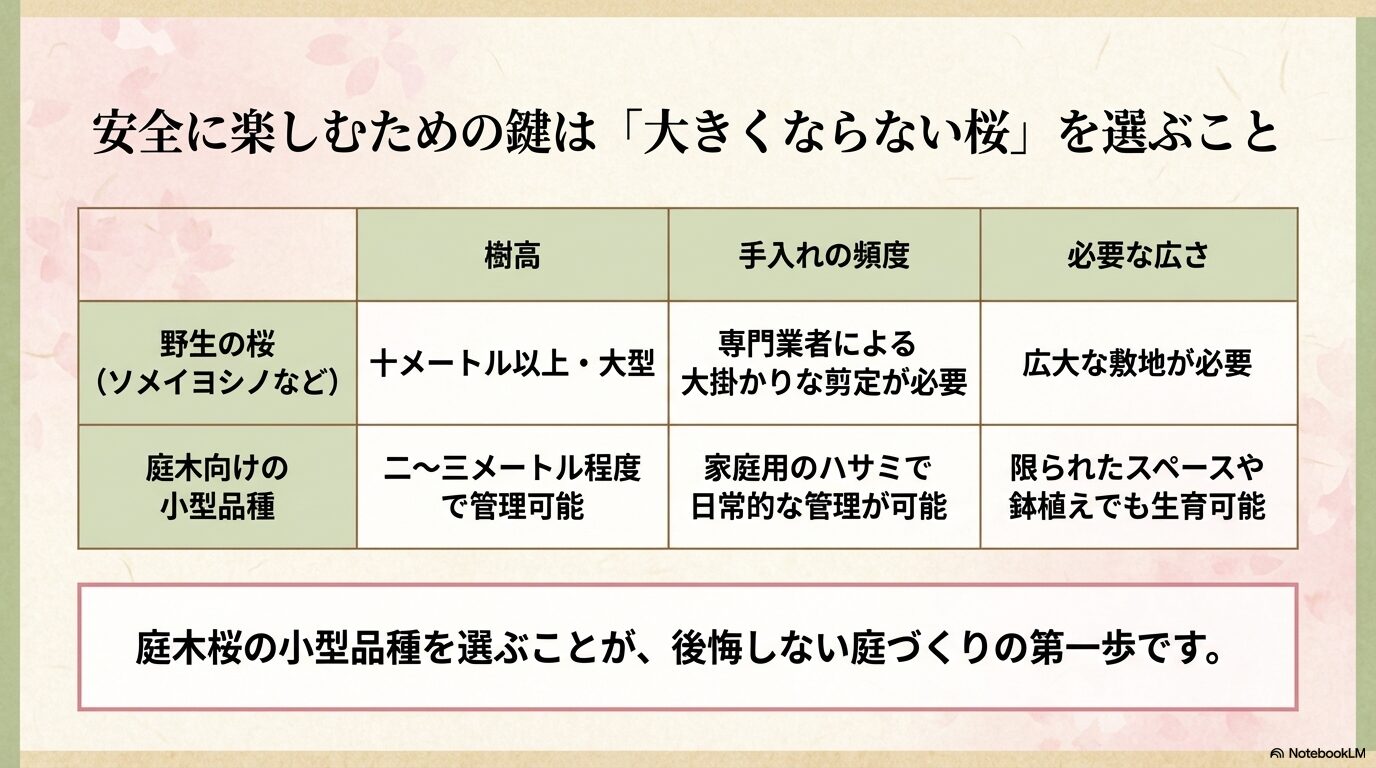 野生の桜と庭木向けの小型品種について、樹高や手入れの頻度、必要な広さを比較した表のスライド