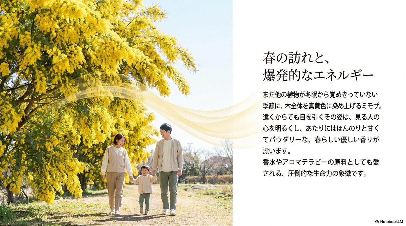 爆発的なエネルギーを持つ春のミモザと家族の風景