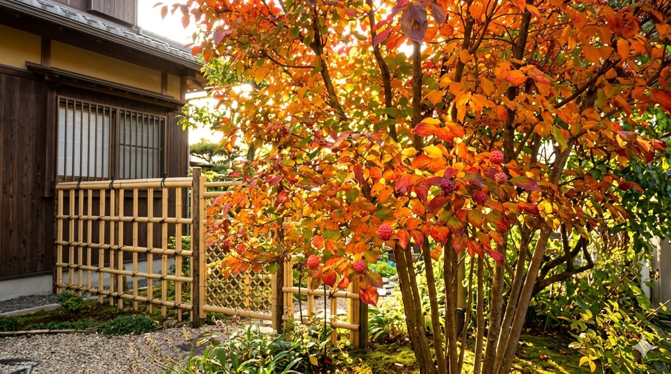 鮮やかな赤、オレンジ、黄色の紅葉に包まれ、でこぼこした赤い複合果（集合果）をつけたヤマボウシの多幹の庭木のクローズアップ。伝統的な竹垣（四つ目垣）と和モダンな住宅が背景にあり、秋の庭の魅力を伝えている。