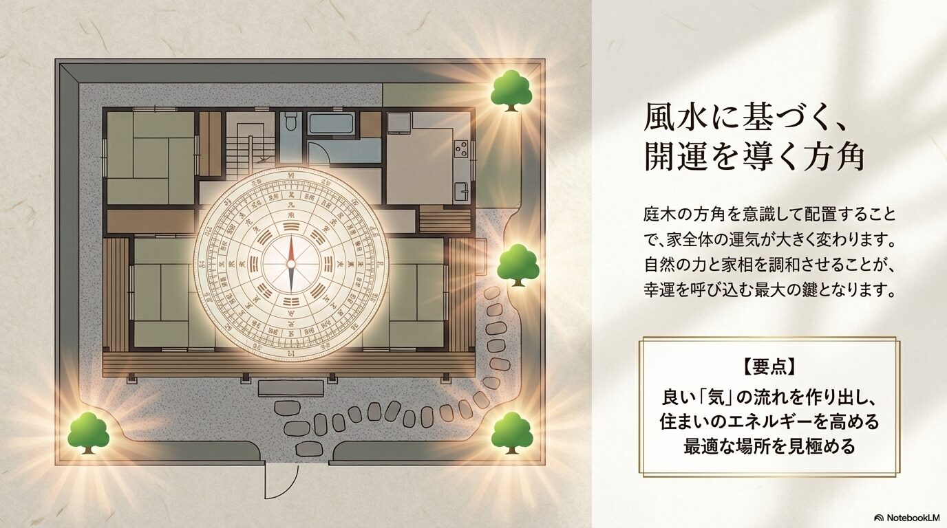 良い気の流れを作り出し、住まいのエネルギーを高めるための、ヤマボウシの風水に基づく最適で開運を導く方角の図解