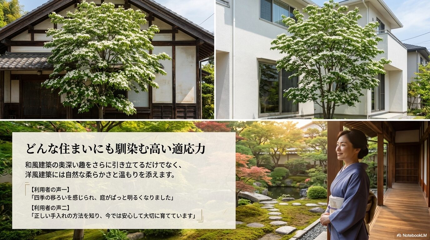和風建築にも洋風建築にも馴染むヤマボウシの高い適応力と、四季の移ろいや手入れに関する利用者の口コミ