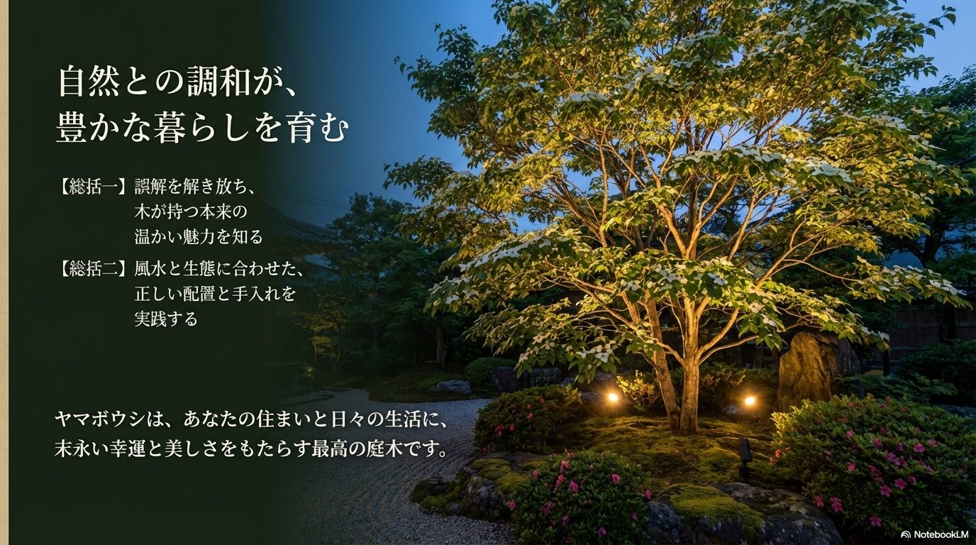 誤解を解き放ち、風水と生態に合わせた正しい配置と手入れを実践することで、末永い幸運と美しさをもたらすヤマボウシの庭木の総括