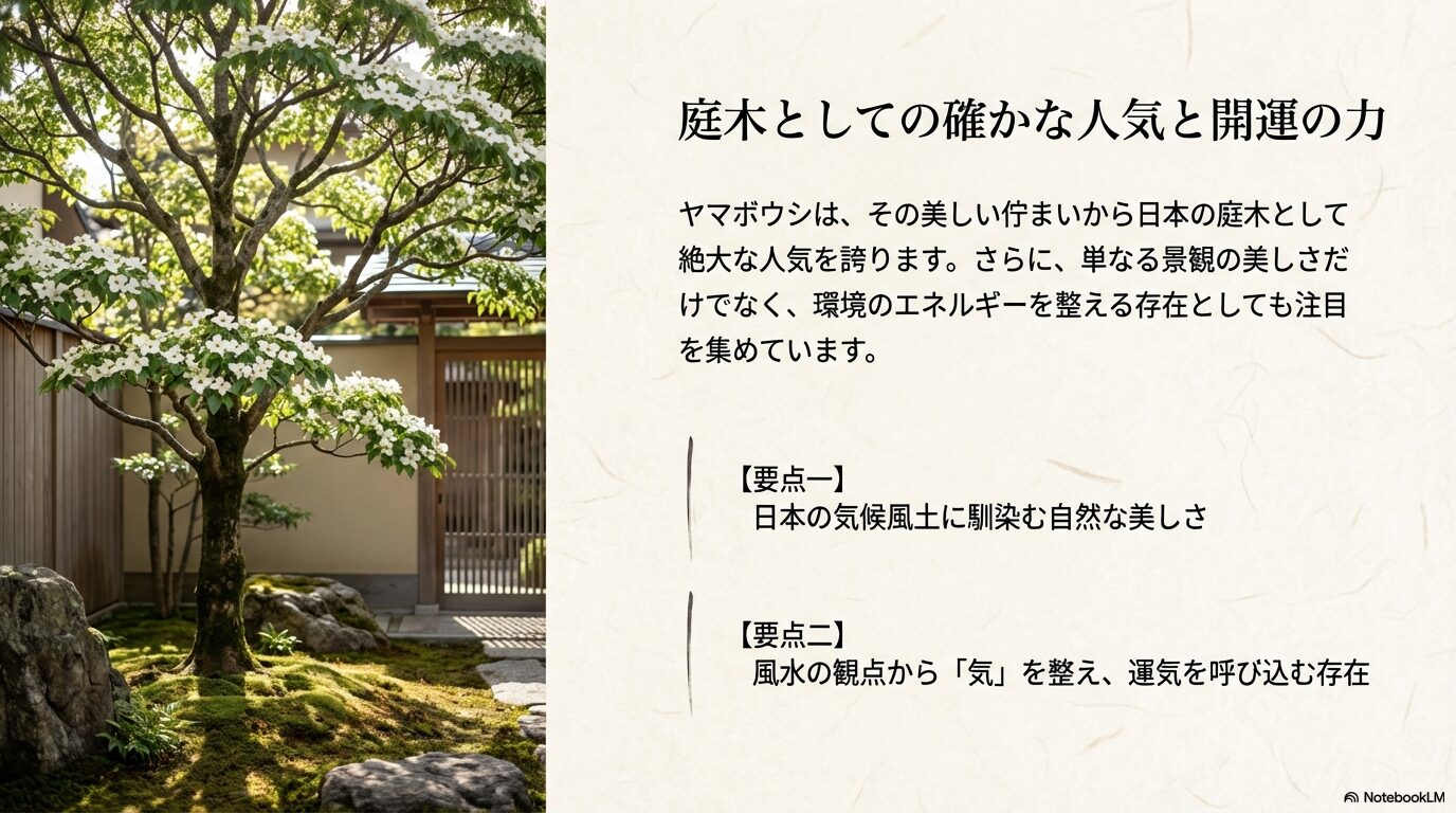 日本の気候風土に馴染む自然な美しさと、風水の観点から気を整え運気を呼び込むヤマボウシの庭木の魅力
