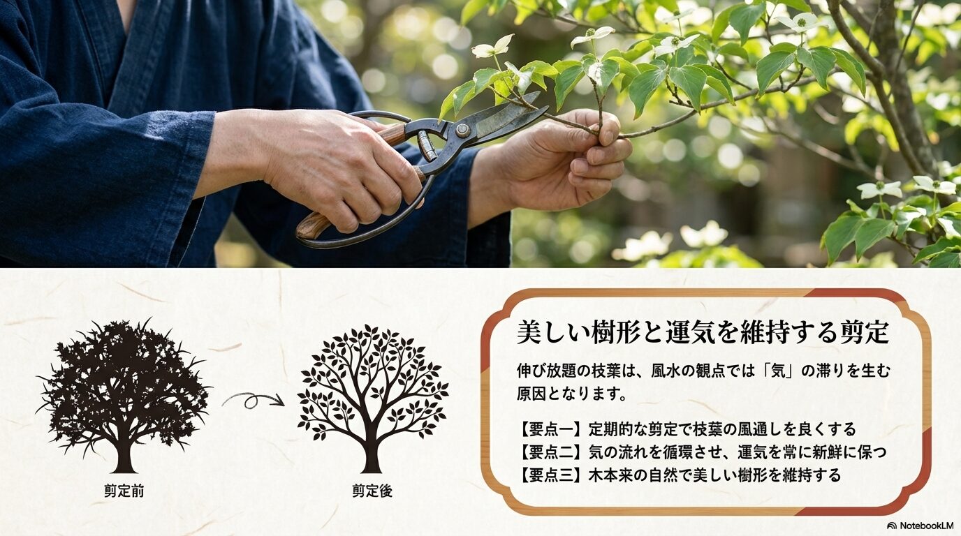 定期的な剪定で枝葉の風通しを良くし、気の流れを循環させてヤマボウシの自然で美しい樹形と運気を維持する作業風景