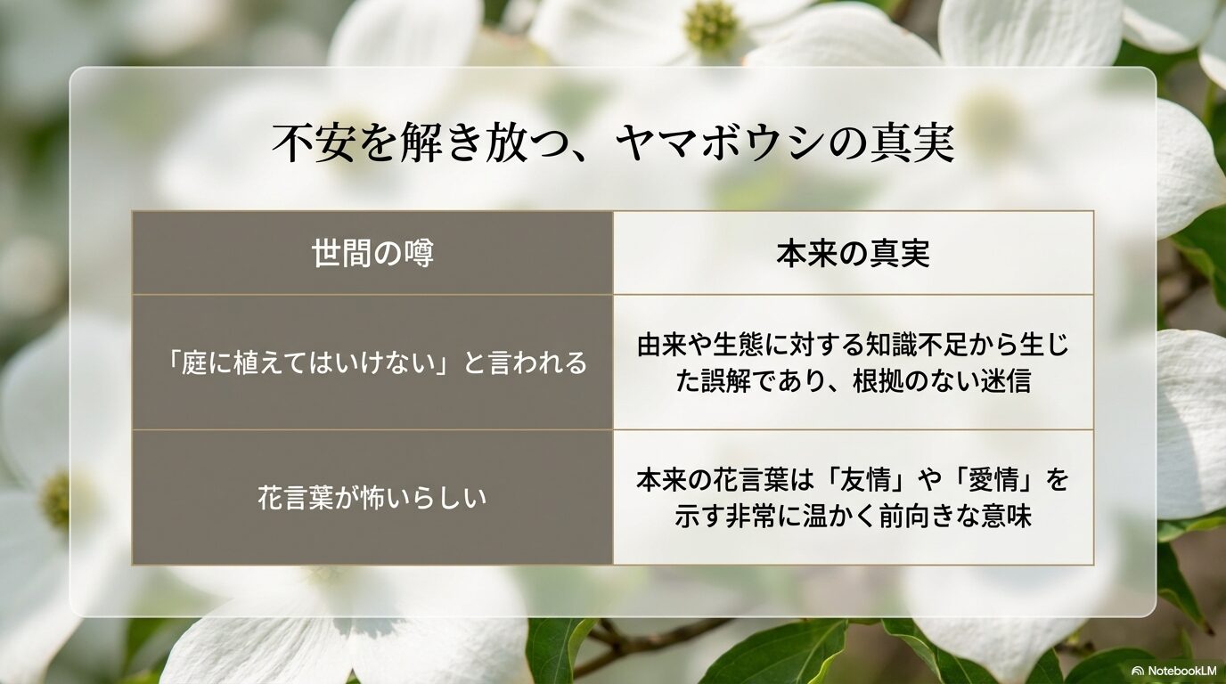 ヤマボウシを庭に植えてはいけないという噂や怖い花言葉に対する、根拠のない迷信と本来の温かい意味合いを比較した表