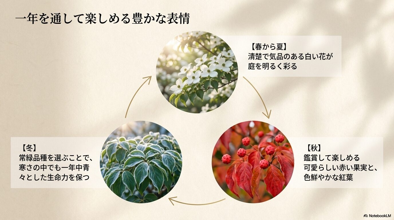 清楚な白い花、常緑品種の青々とした葉、可愛らしい赤い果実、色鮮やかな紅葉など、一年を通して楽しめるヤマボウシの豊かな表情