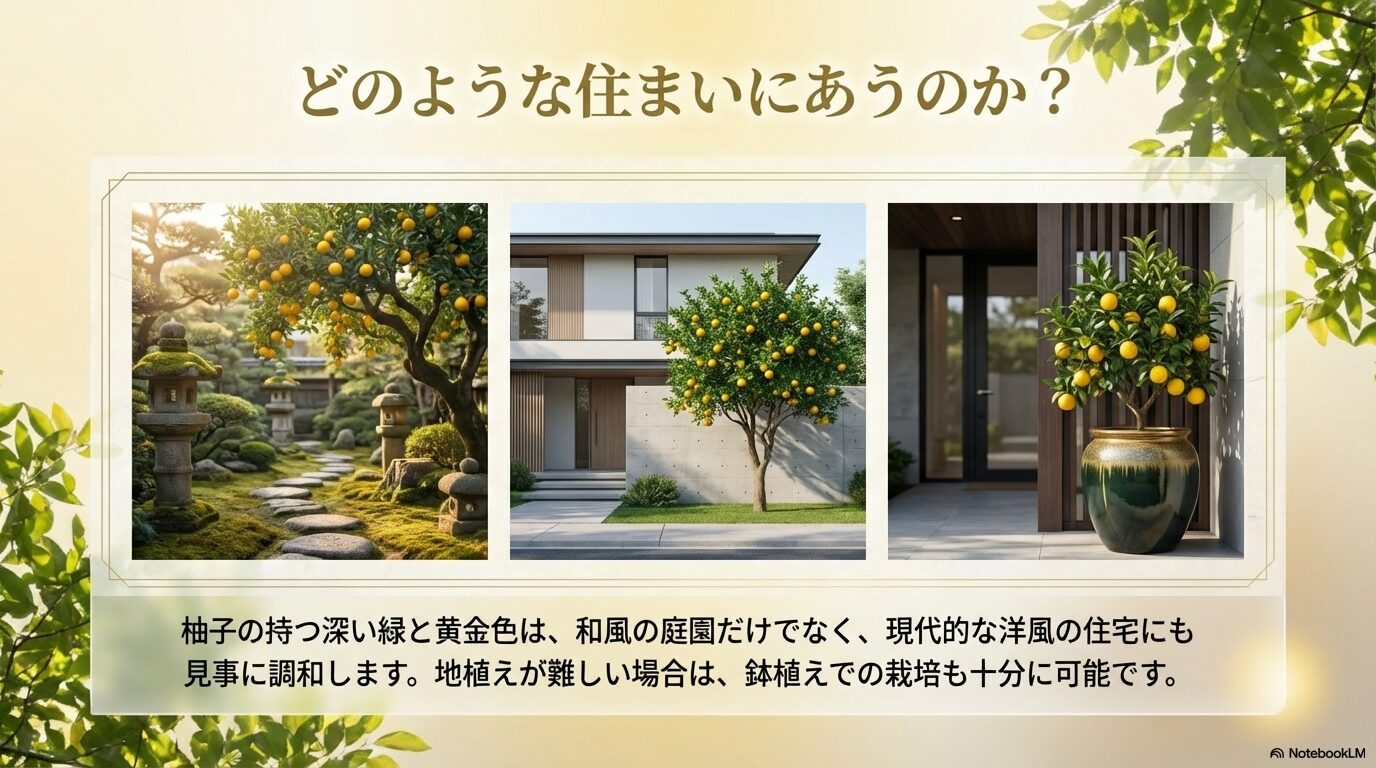 和風庭園から現代的な洋風住宅まで調和する柚子の木