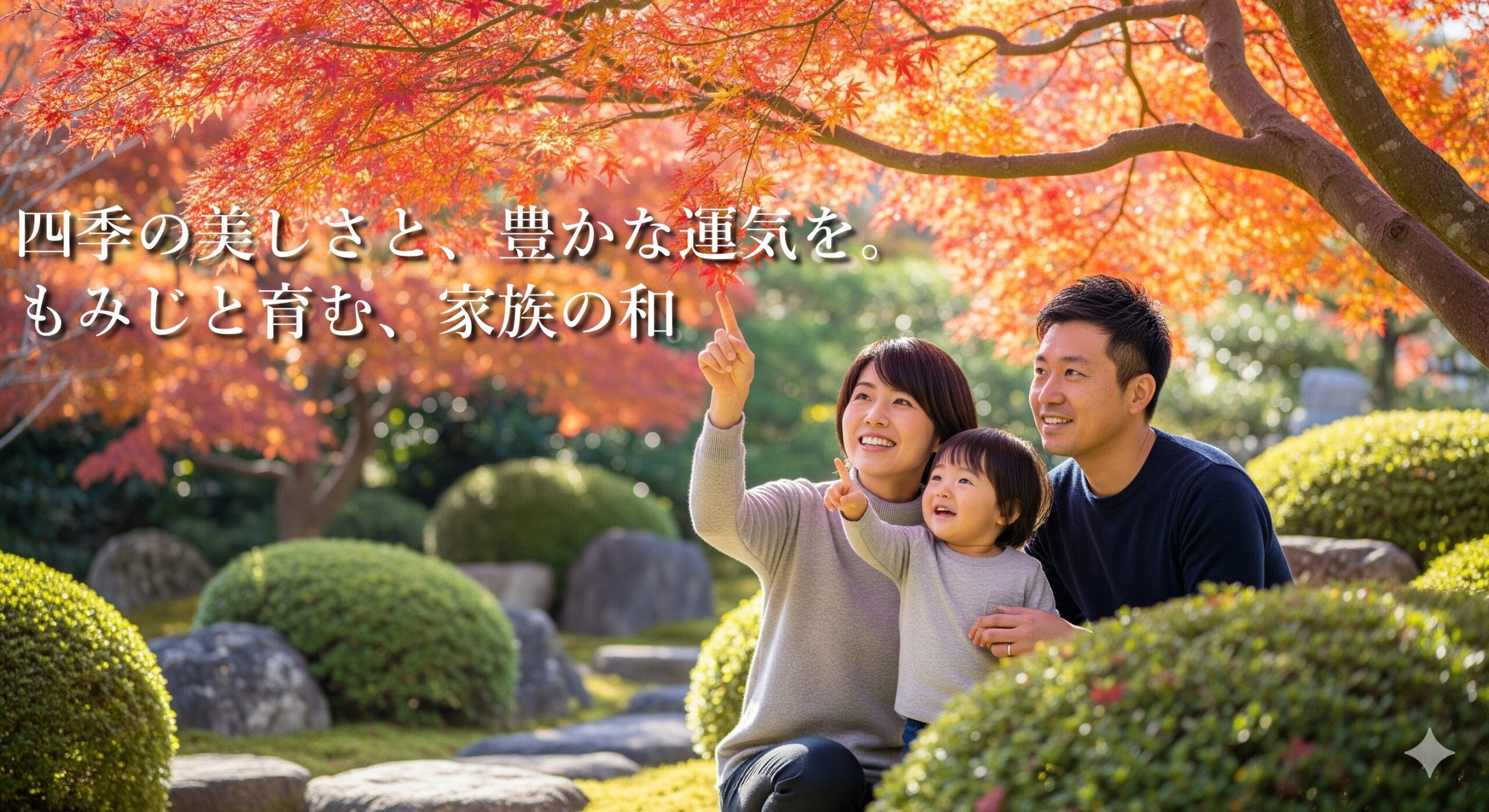 四季の美しさと、豊かな運気を。もみじと育む、家族の和。庭木としての美しさと、縁起・家庭運の両立を表現。