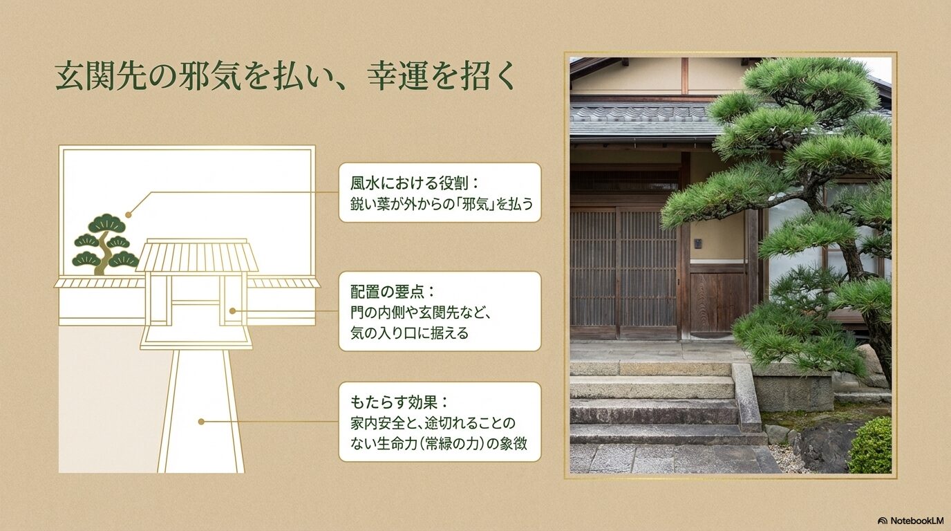 鋭い葉が邪気を払い家内安全を招くという五葉松の風水効果と、玄関先など気の入り口への配置の要点