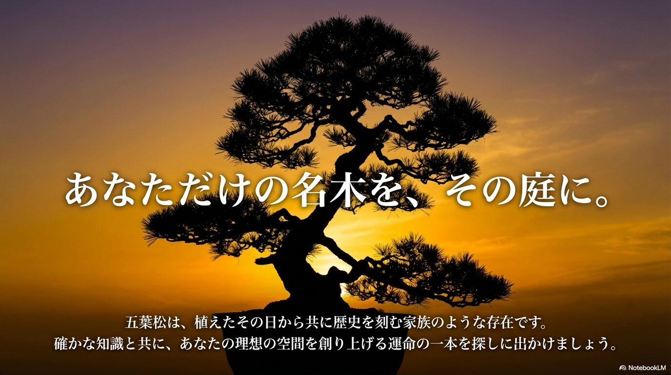 植えたその日から共に歴史を刻む家族のような存在である五葉松。確かな知識と共に理想の空間を創り上げる運命の一本を探しに出かけようという締めくくりのメッセージ